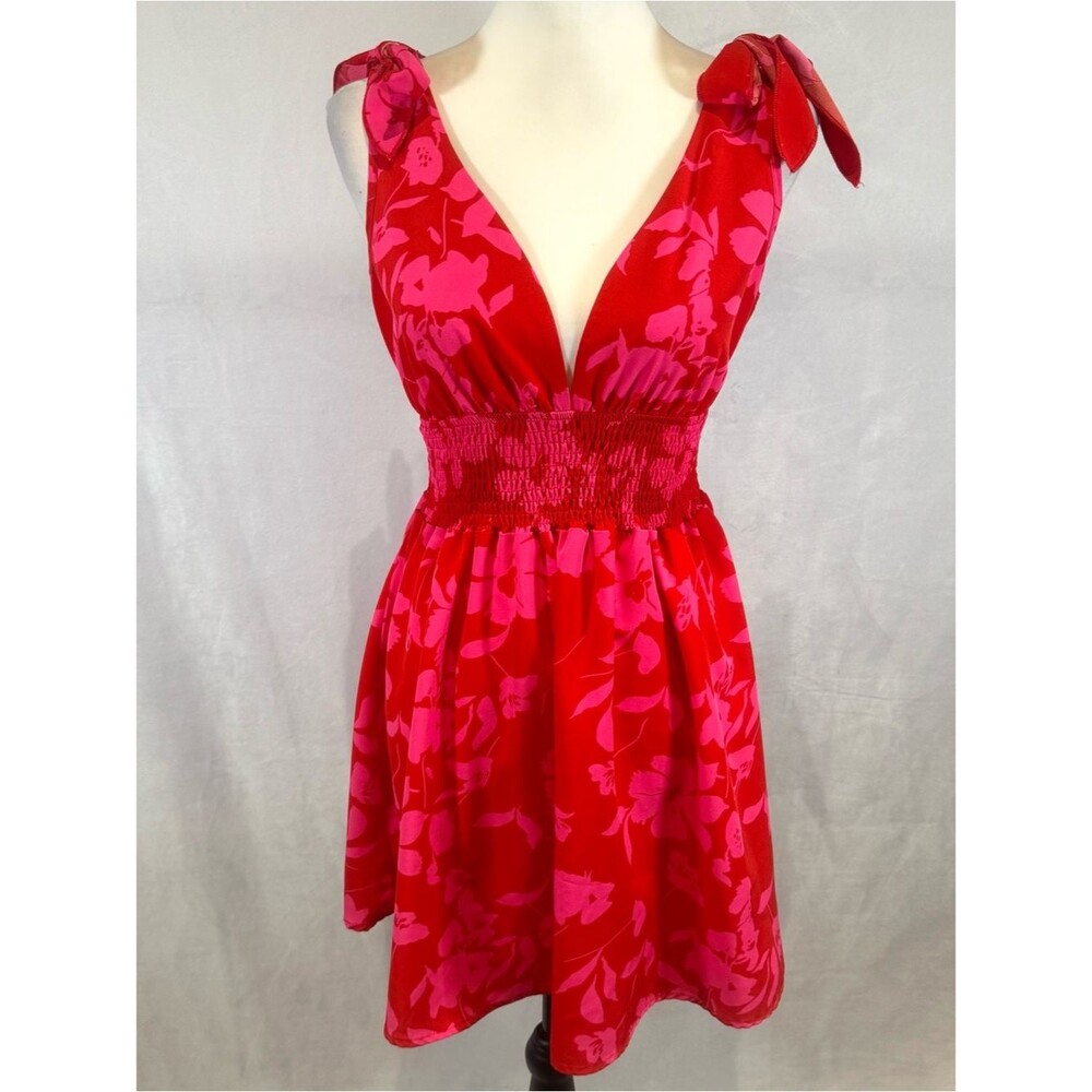 Red and pink tropical floral print smocked dress size XS NWOT